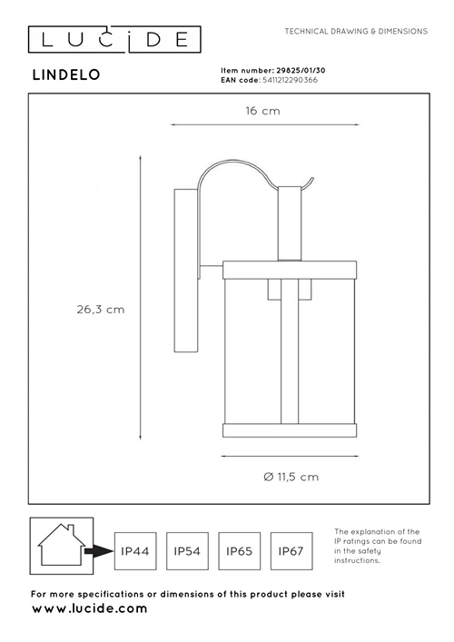 Lucide LINDELO - Wandleuchte Innen/Außen - 1xE27 - IP23 - Schwarz - technisch